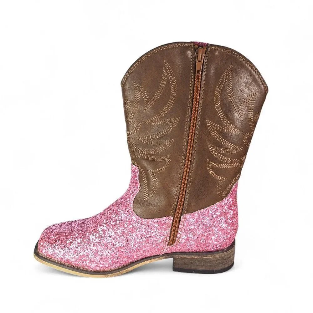 Rollda Sparkle Pink Glitter Faux Leather Western Cowboy Boots NZX38 Youth‎ 5